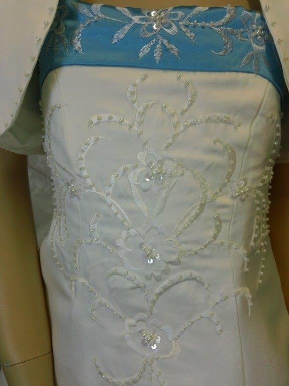 long ivory flower girl dress with pool blue